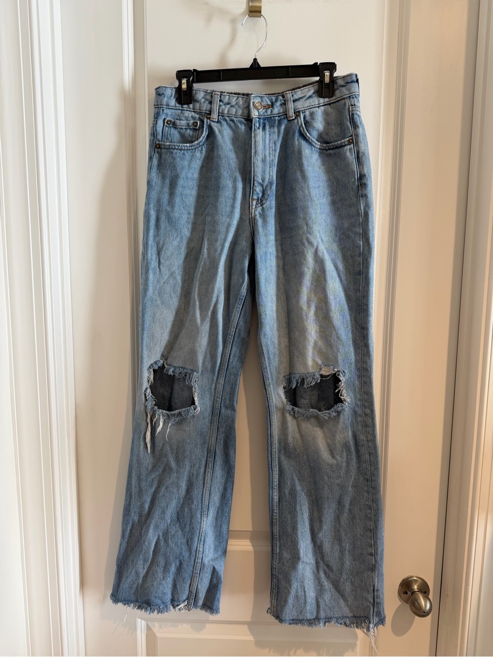 Zara Light Blue Distressed Wide-Leg Jeans